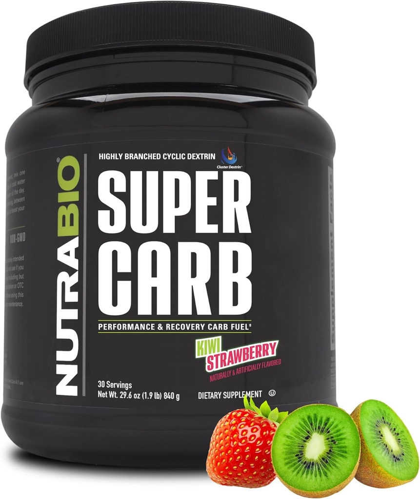 NutraBio Super Carb, Carbohydrat pulver med Cluster Dextrin & Electrolytes, Advanced Carb Supplement pulver for trening drivstoff, ytelse, og muskelgjenvinning, sykkeldextrin, Kiwi Strawberry, 30 Sv