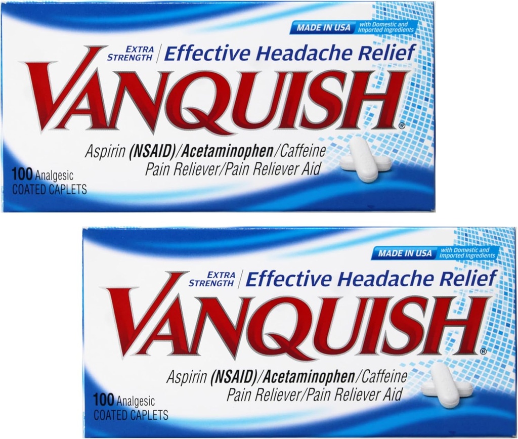 Vanquish ekstra styrke hodepine og smertelindring, med Acetaminophen, Aspirin og koffein | Digital Eye Strain | 100 greve, pakke med 2