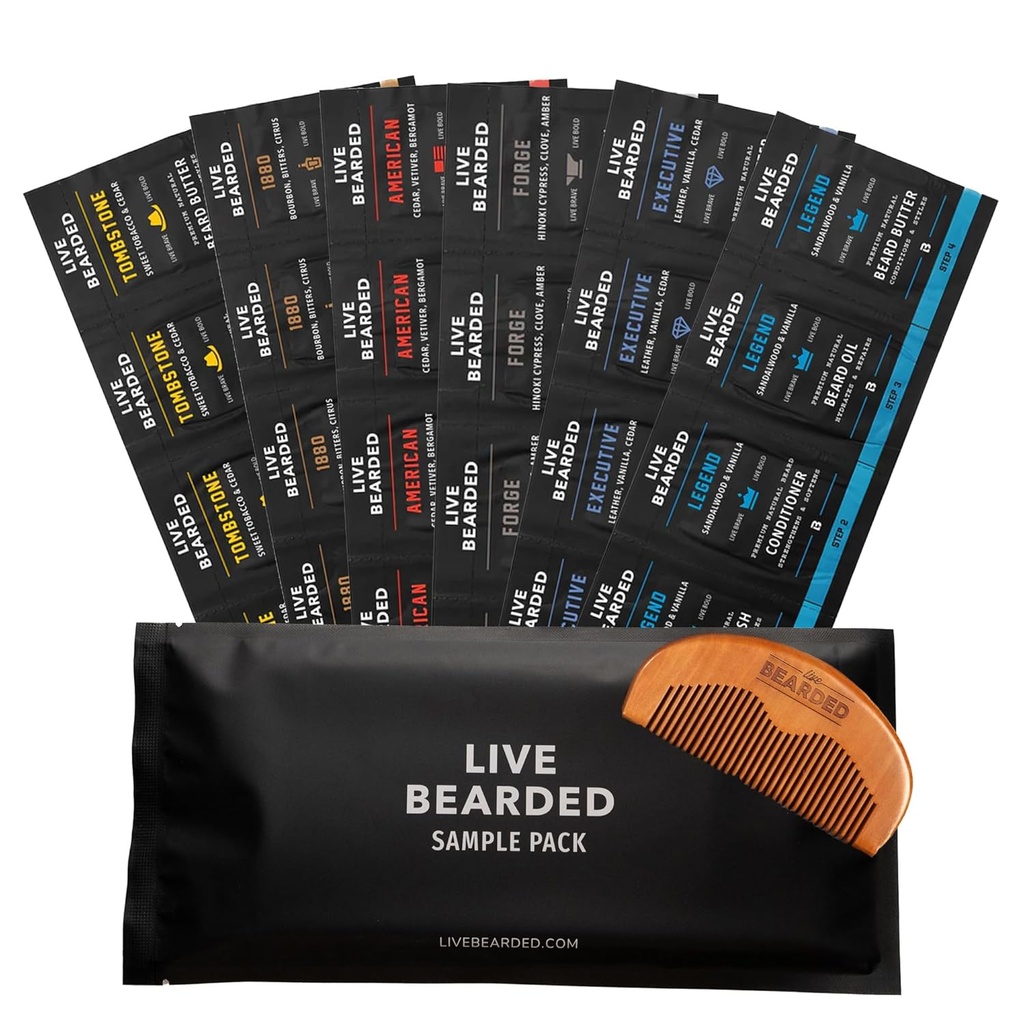 Live Beard Beard Olje og Smøre Grooming Kit prøve pakke med Comb, Bonus gave - Naturlige ingredienser Shea, Argan, Jojoba - Vekst støtte - laget i USA