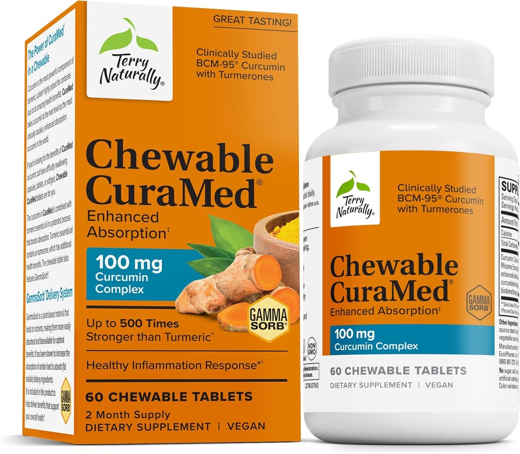 Terry naturlig CuraMed 100 mg Curcumin Complex - Forbedret absorpsjon Curcumin Supplement med gurkemeie - Hjerne og lever helse støtte Supplement - Vegansk kosttilskudd - 60 Chewable tabletter