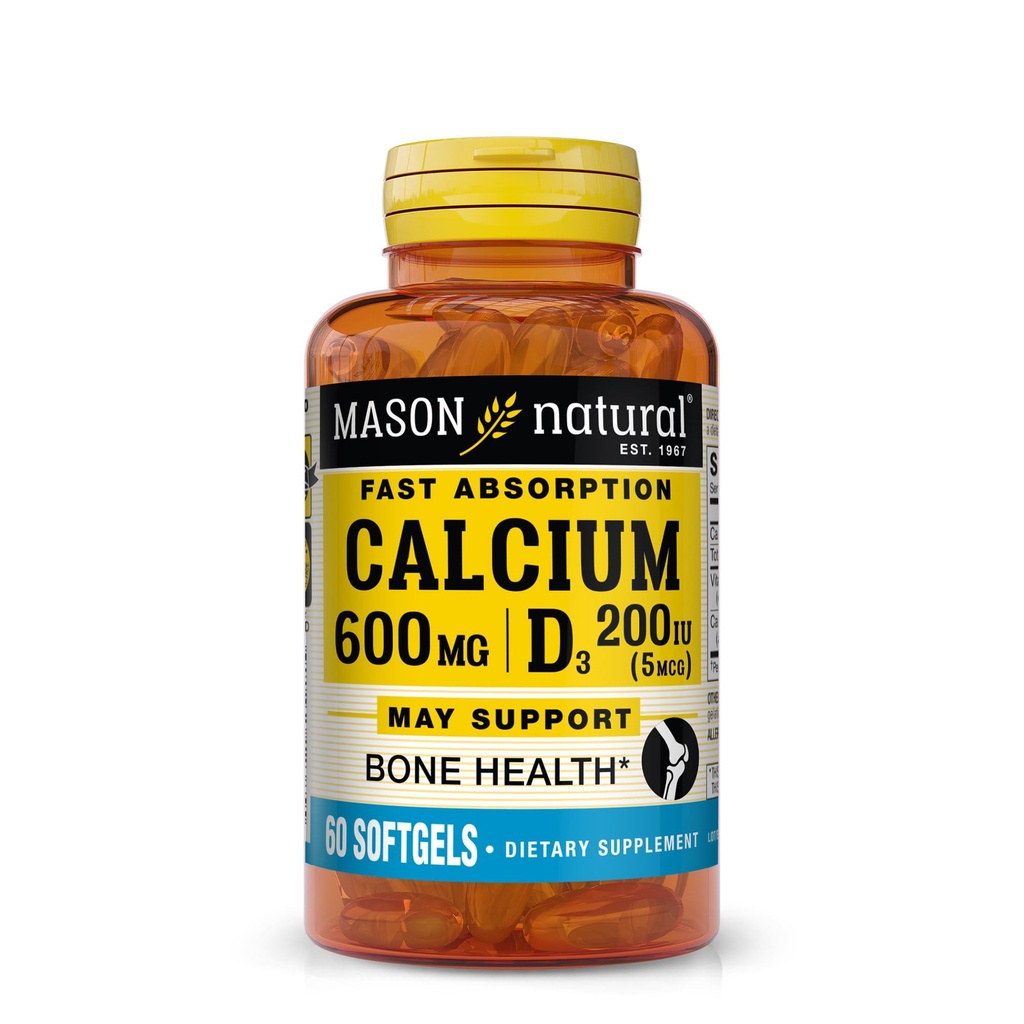 MASON NATURAL raskt absorpsjon kalsium med vitamin D3 - Styrker muskelfunksjonen, støtter sunne bein og generell helse, 60 Softgels