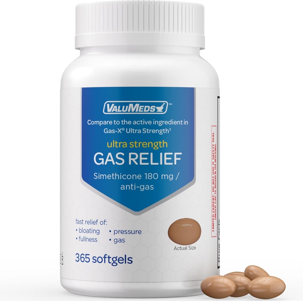 ValuMeds Gass Relief for voksne simetikon | Belaste Bloating, smerte, nedbrytning og uregelmessighet | Sammenlign med aktiv ingredient i PHAZYME og Gas-X (365 teller - 180 mg)