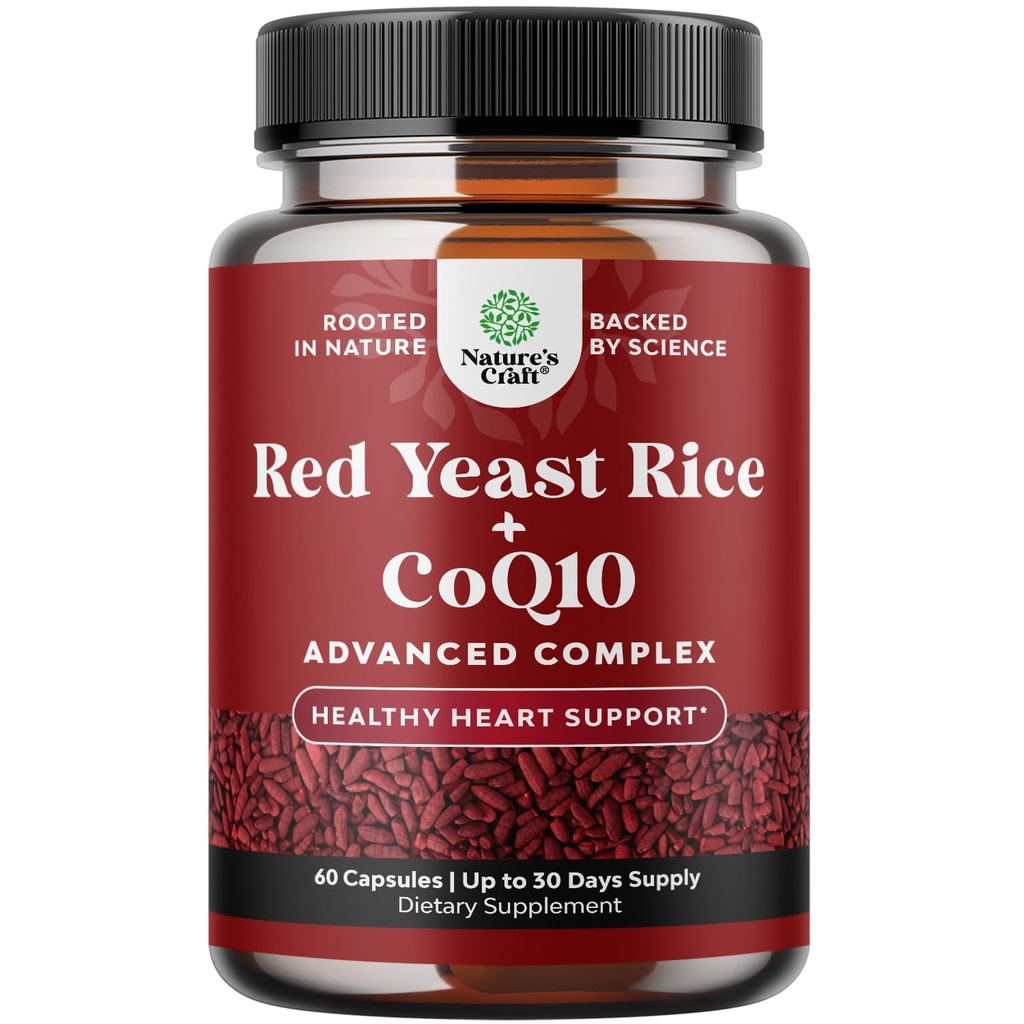 Rød Yeast Rice med CoQ10 Supplement - Avansert sunn hjerte & sunn kolesterol nivåer formel for menn og kvinner - Ekstra styrke kapsel med rød yeast Rice 1200 mg kapsler med CoQ10-60 count