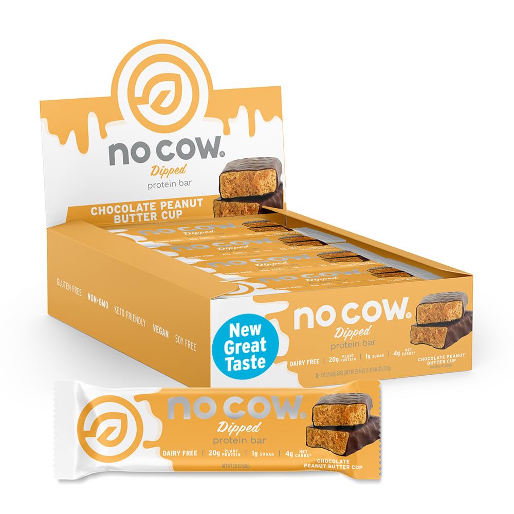 Ingen Cow Vegan Protein Bars, Uppgradert Peanut Smøre Cup | 20g Plante Basert Protein, Glutenfri, Dairy Free, Soya Gratis, Keto Vennlig, Lav Sukker, Høy Fiber Snack Bars | Pakke med 12