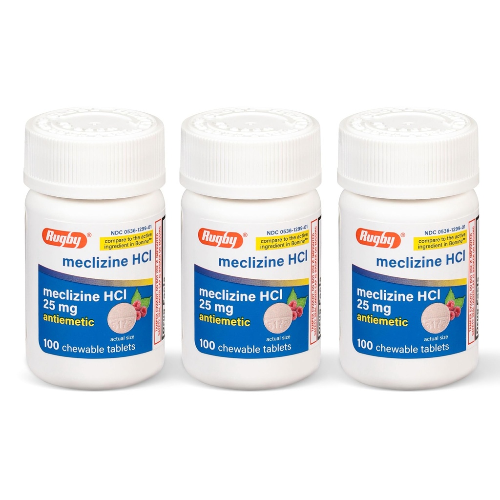 Rugby Meclizine Chewable Tabletter 25mg - Anti-Nausea Medisin hjelper med bevegelsessykhet - 100 greve (3 Pack)