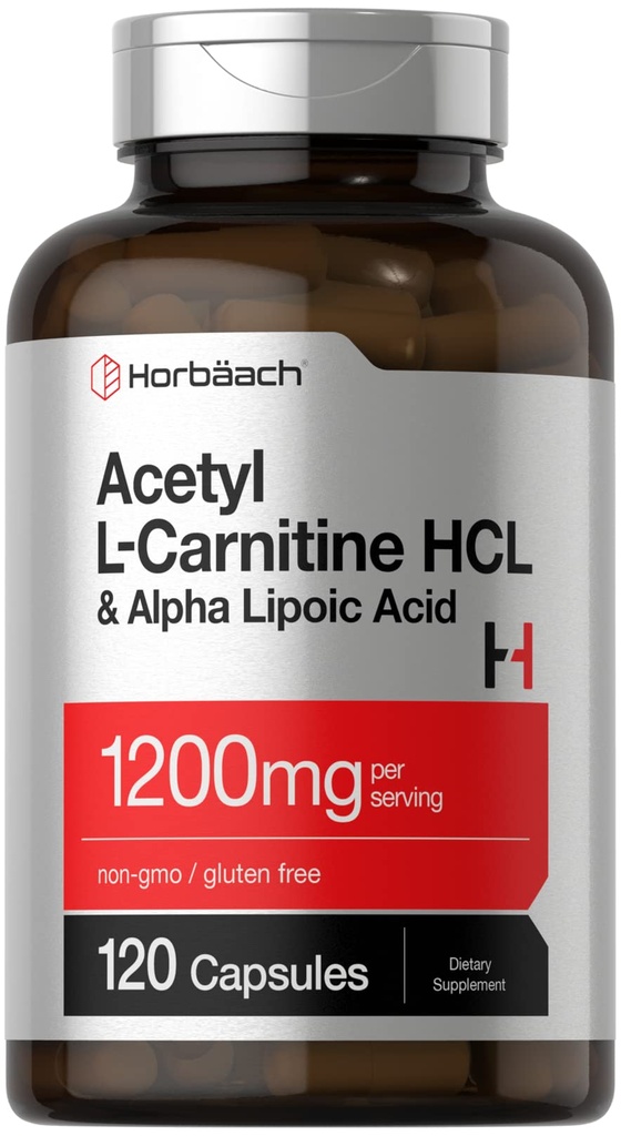 Horbäach Acetyl L karnitin HCL & Alpha Lipoic Acid 1200 mg | 120 kapsler | ALC ALC Ala Complex | Ikke-GMO & Glutenfri Supplement