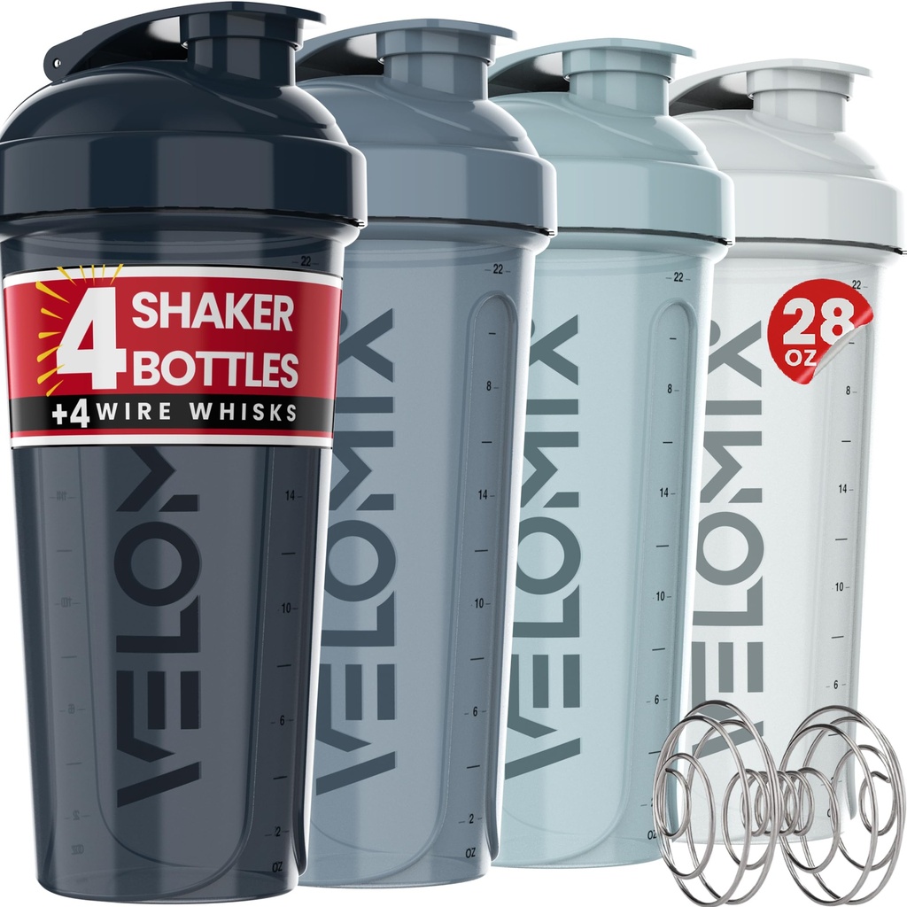 VELOMIX -4 Patron 28 Oz Protein Shaker Flaske for proteinblandinger - 4x Wire Whisk | Leak Proof Shaker Cups for proteinshaker | Protein Shaker Flaske Pack | Protein Shake Cup (Aqua Dybds)