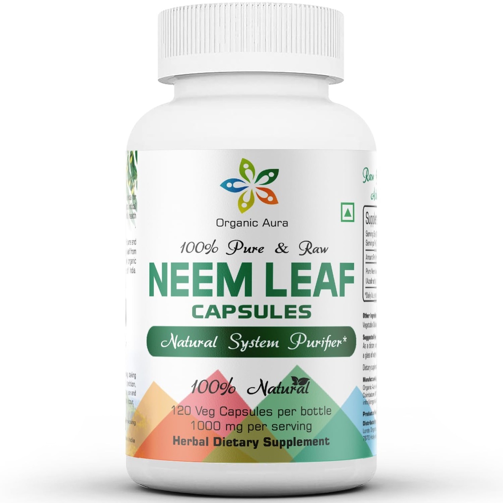 Organiske Aura Neem kapsler. 100% ren og kraftig. Grønn all supermat. Laget med hele Spectrum Neem Leaves. Miracle avgiftsgivende agent. strålende hud og immunitet.