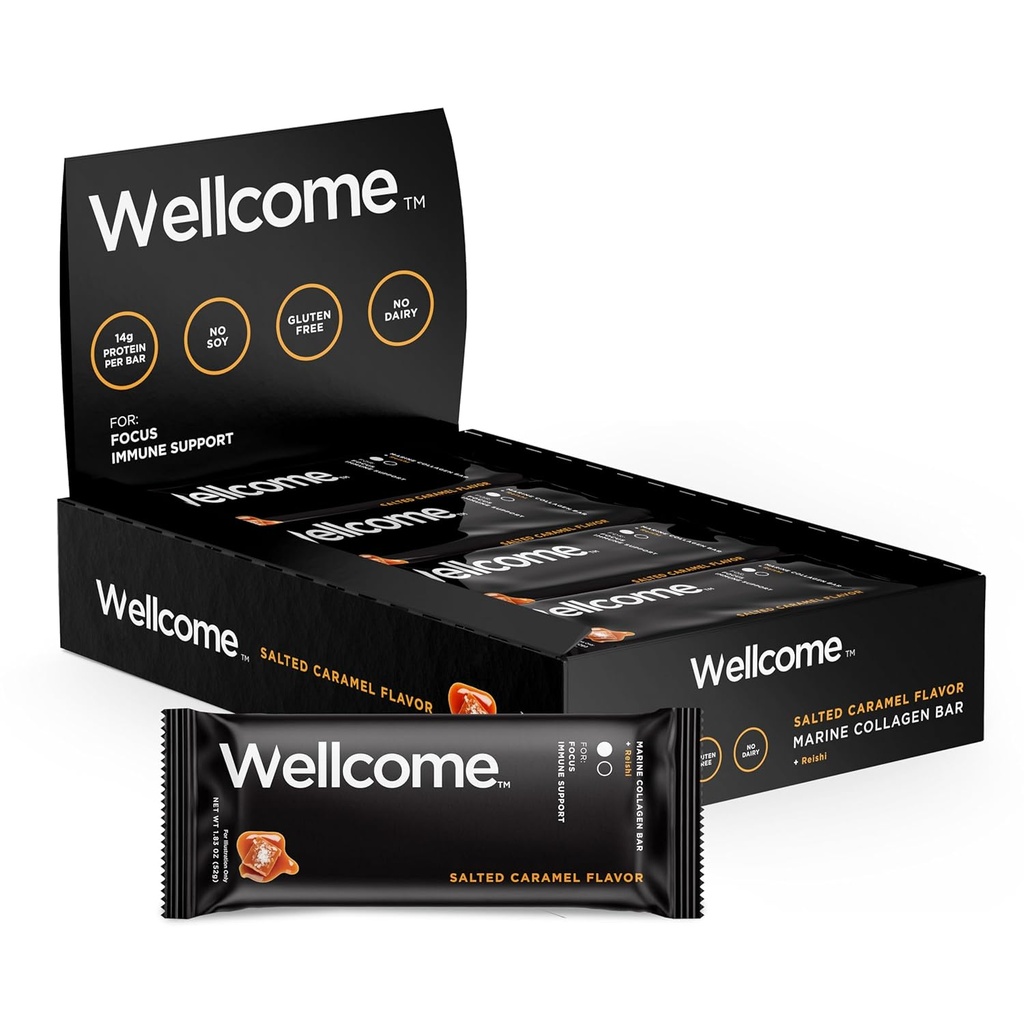 Velvære saltet karamel marine kollagen proteinbar med Reishi Mushroom For energi og immunstøtte - Adaptogen Snack Bar - Dairy Free Health Bar for funksjonell aktiv livsstil (pakke på 12)