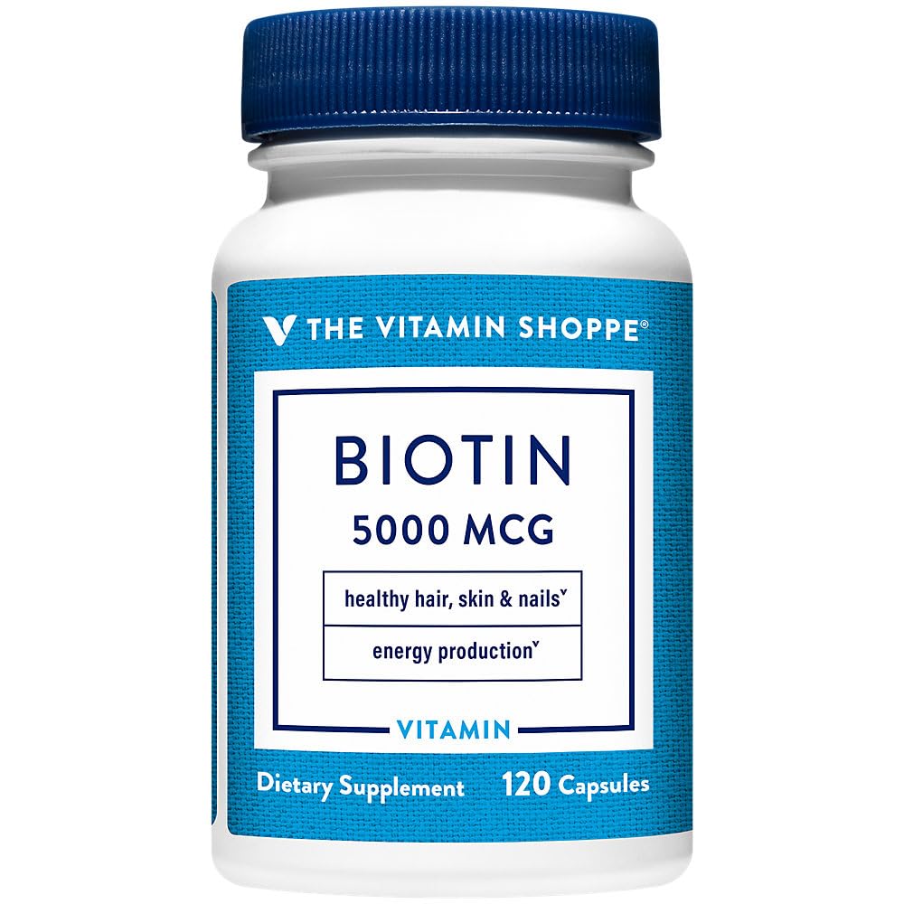 Vitamin Shoppe Biotin 5000MCG, Nutrient Metabolisme Støtte for sunn vibrant hår, sunn hud og sterke negler, energiproduksjon (120 kapsler)