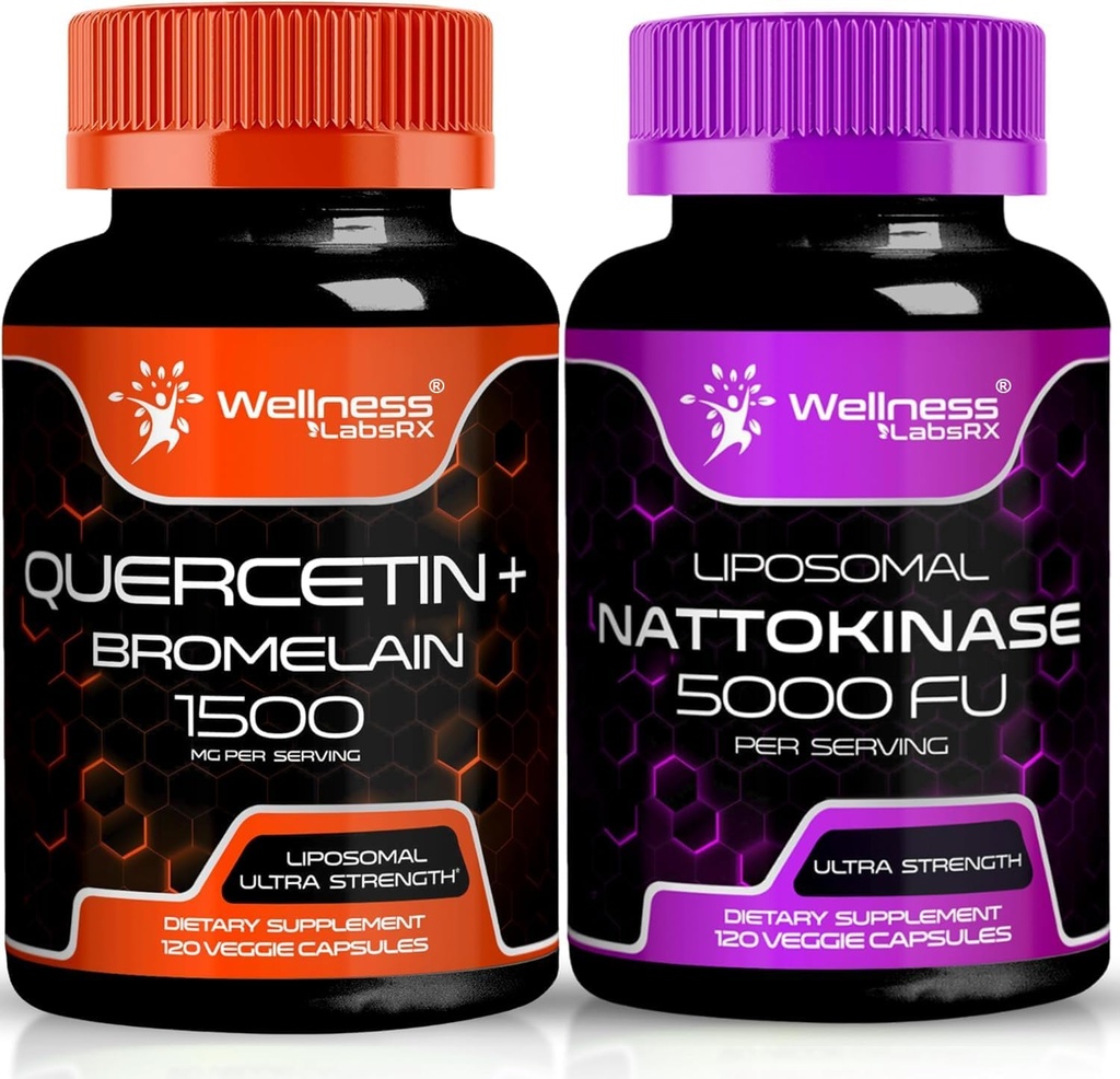 WELLNESS LABSRX Quercetin med Bromelain | Nattokinase Supplement kapsler - 5000 FU - Enzymer fra ren japansk Natto ekstrakt
