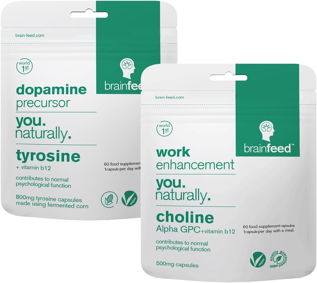 Hjerne Kosttilskudd for minne og fokus | 2-måned-supply | 800mg L tyrosin Dopamin Supplements + 500mg Alpha GPC Choline | Konsentrasjonstilskudd
