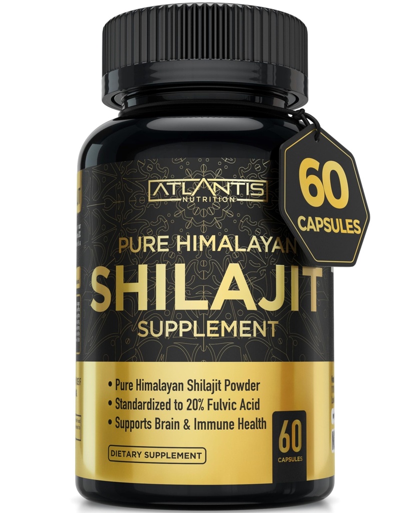 Atlantis Nutrition Himalayan Shilajit Kapsler Formulerte med 20% Fulvic Acid | 10:1 Ekstrakt Gi 10 000 mg D.H.E. | USA laget | Himalayan Shilajit Supplement for menn og kvinner | 60 Kapsler