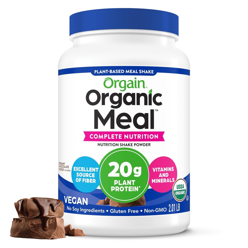 Orgain Organic Vegansk Måltid Erstatning Protein Powder, Kremet sjokolade Fudge - 20g Plant Basert Protein, Glutenfri, Dairy Free, Laktose Gratis, Soya Gratis, Ingen sukker tilsatt, For Smoothies & Shakes - 2.03lb