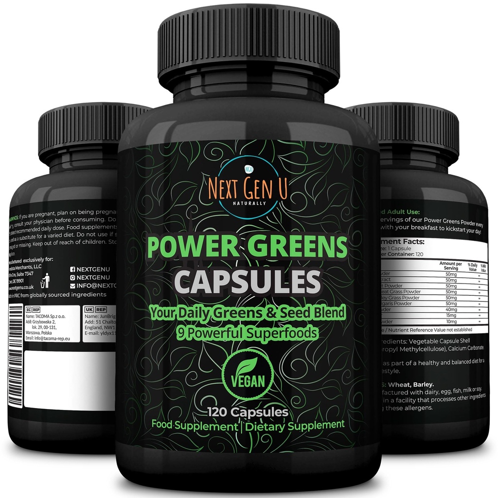Super Greens - Immunsystemstøtte - 500 mg 120 Vegan Capsules - Superfoods for Daily Booster - Sunn Keto Blende med Acai, Wheatgrass, Guarana, Chlorella, Flaksfrø, Matcha, Maca - av NextGenU