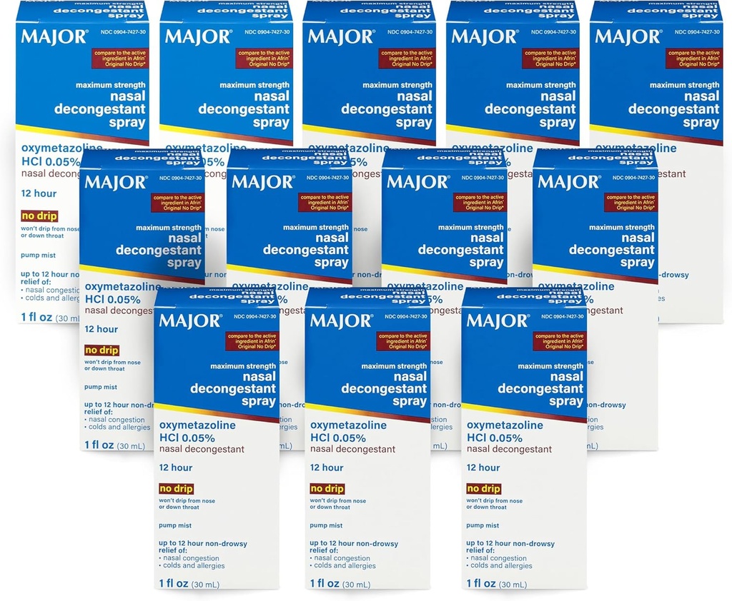 MAJOR Maksimal styrke Nasal decongestant Spray, Oxymetazolin HCl 0,05% Pump Mist, Ikke-Drowsy Nasal Spray, opp til 12-timers Relief fra Nasal Congestion, Colds og Allergies 1 Fl. Oz. (12-Pack)