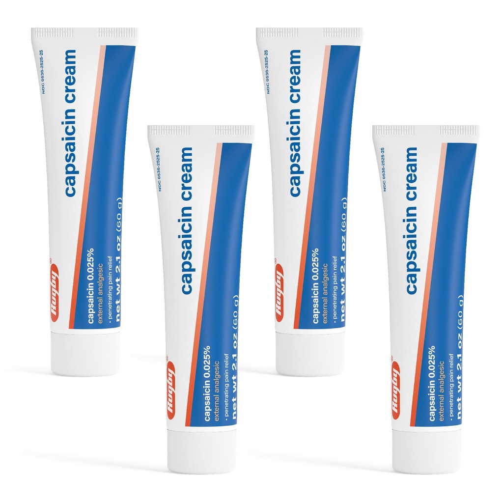 Rugby Capsaicin 0.025% Krem for renetrering smertelindring - 2.1 Oz (60g) (4 Pack)