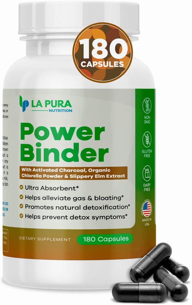 LaPura Power Binder Blend – Detox & Cleanse med Aktivert Charcoal, Organic Chlorella pulver & Slippery Elm ekstrakt – Hjelper alleviate Gas & Bloating – Fremmer naturlig avgift - 180 Kapsler