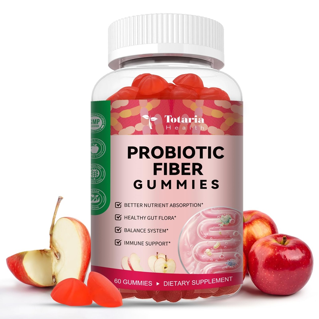 Totaria 9-i-1 Probiotiske Fiber Gummer for voksne og tenåringer 16G Fiber per servering, Psyllium Fiber Supplement med 5 milliarder CFU Bacillus Coagulans, Inulin, ACV for Digestive & Gut Wellness - 60 Gummies
