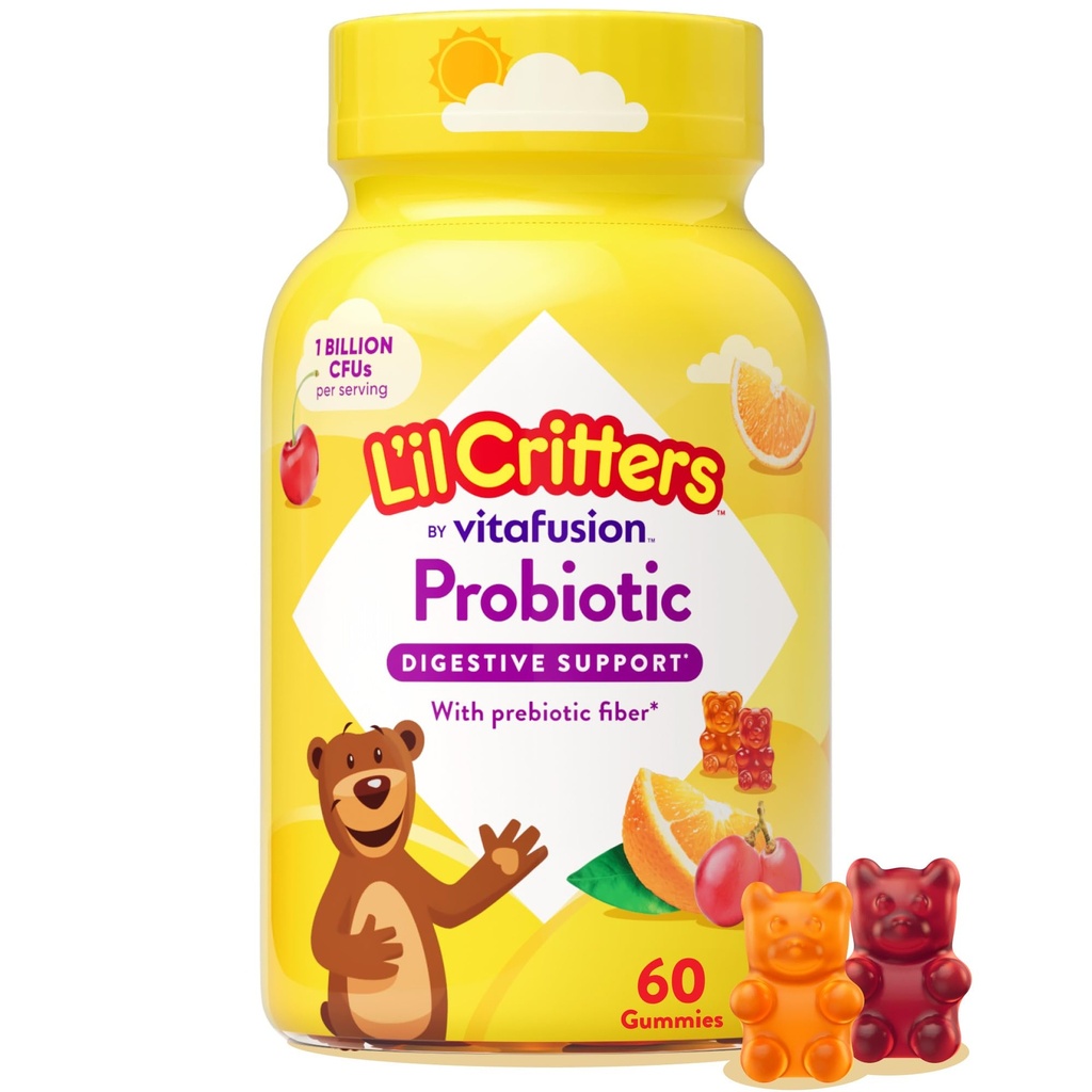 L'il Critters Probiotic Daily Gummy Supplement for barn, for Digestive Helse Støtte, Grape, Cherry og Orange Flavors, 60 Gummies