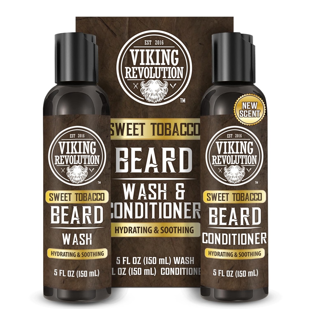 Vikingrevolusjon Skjortevask og Beard balsam for menn med Argan Olje og Jojoba Olje - Beard Softener og styrke Beard Care Beard Shampoo og balsam med Skjeggolje (5oz, søt tobakk)