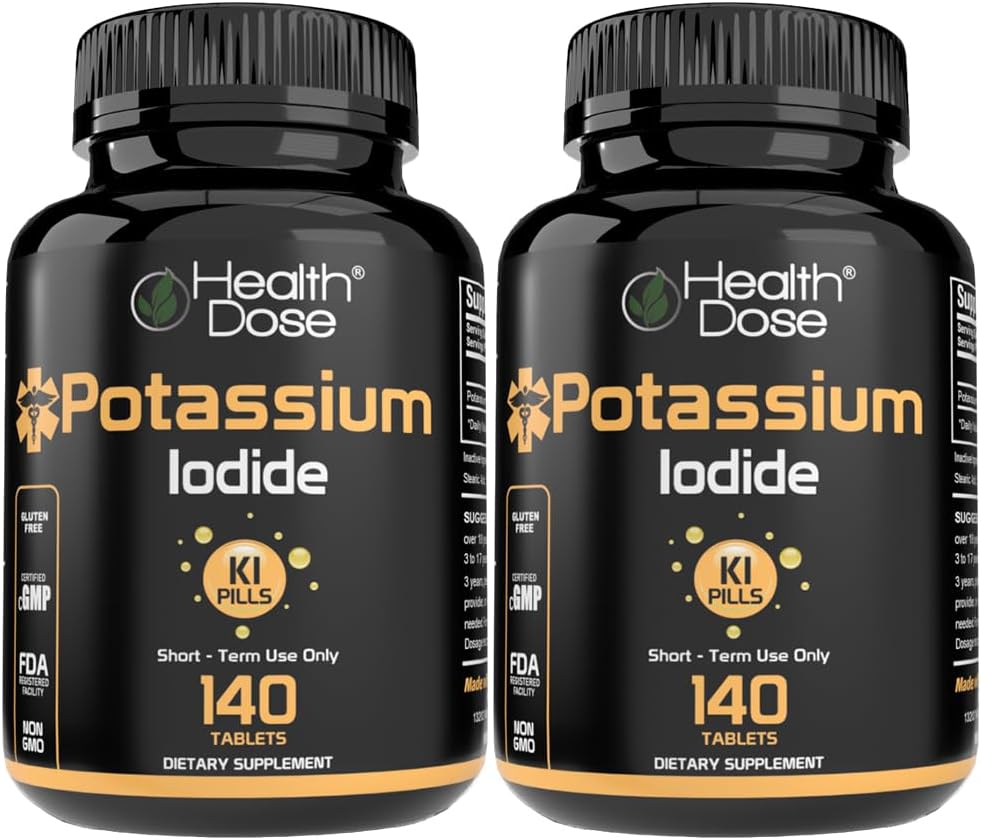 Helsedose Kalium + jodid (KI) tabletter – 130 mg 140 tabletter – for Thyroid støtte, cellulær metabolisme og elektrolytbalanse – ikke-GMO, glutenfri, GMP-sertifisert, pakke med 2