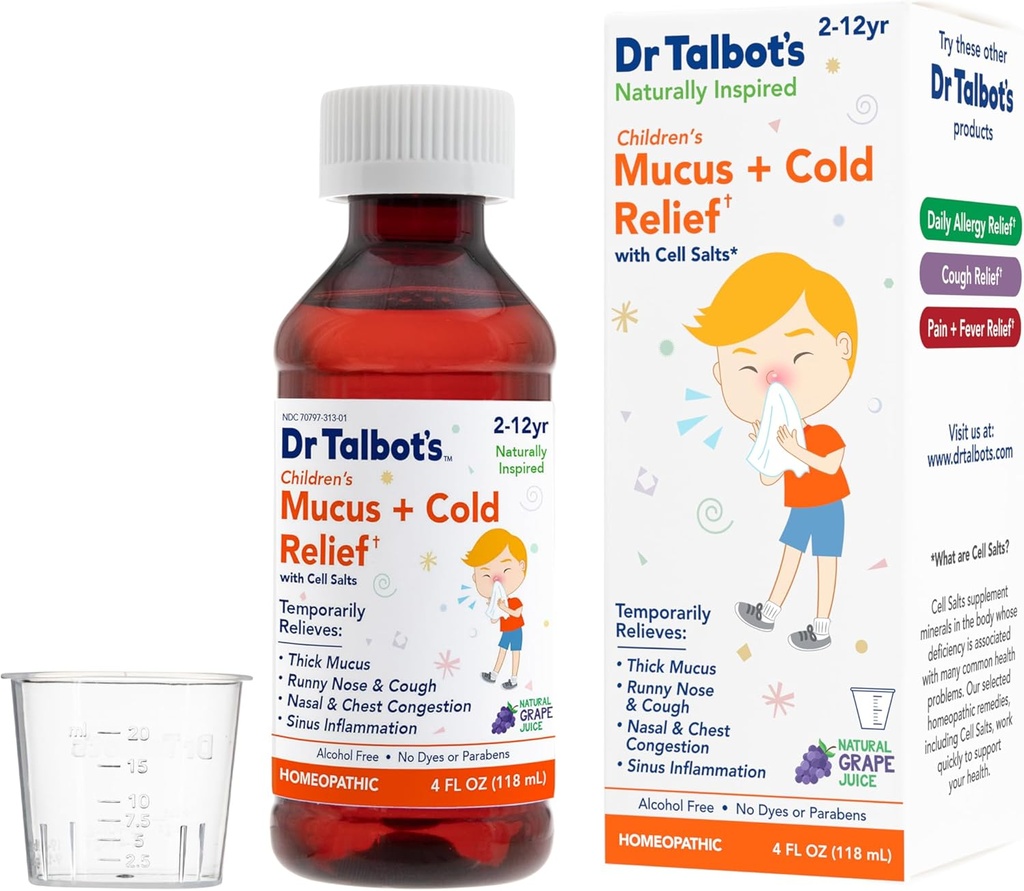 Dr. Talbot's Mucus + kold relief flytende medisin, naturlig inspirert, for barn, Inkluderer doseringskopp, naturlig Grape Juice Flavor, 4 Fl Oz