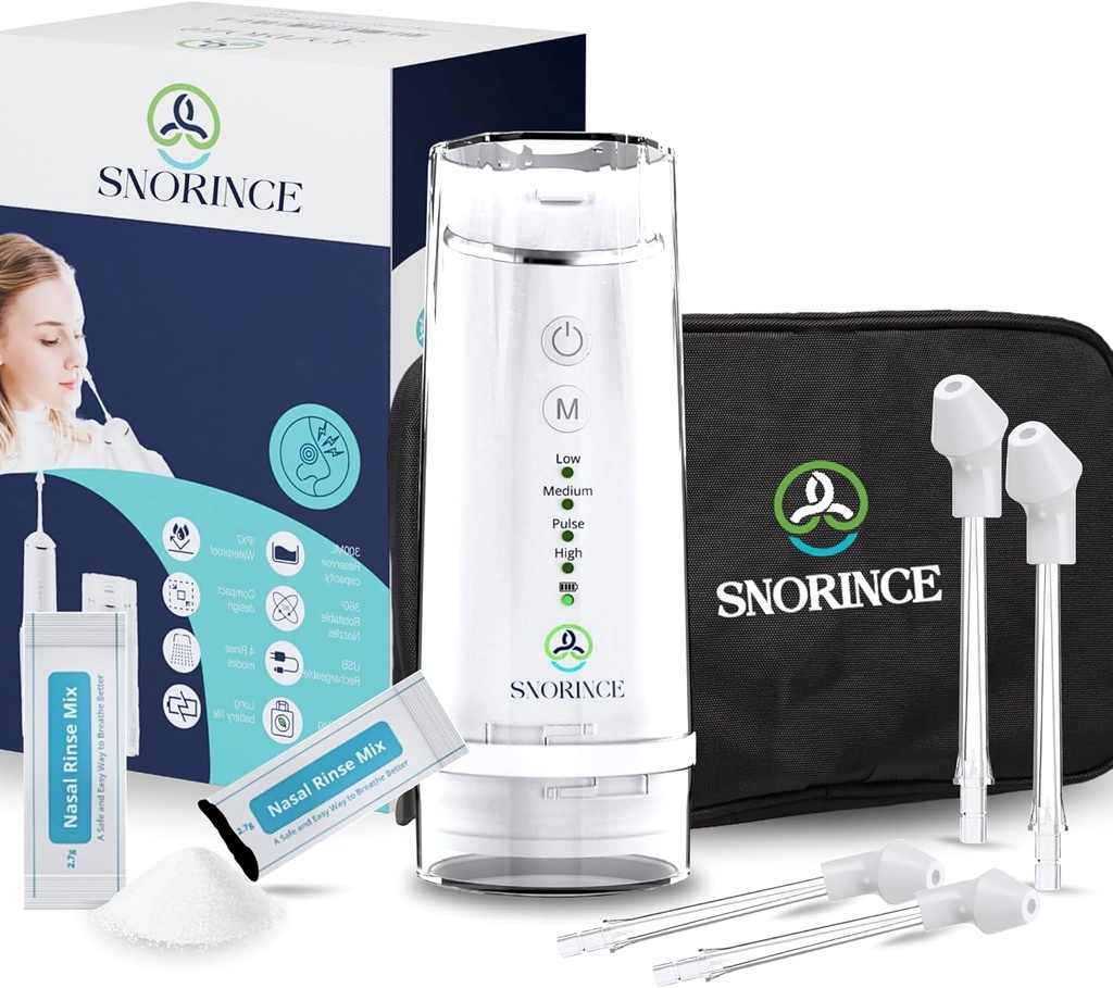 Nasal irrigasjonssystem for Sinus Relief - Bærbar trådløs elektrisk Neti Pot Nese Cleaner - Sinus Flush Kit for voksne og barn, Hjem og reise med 4 rensemoduser, 4 nosser, 40 saltpakker