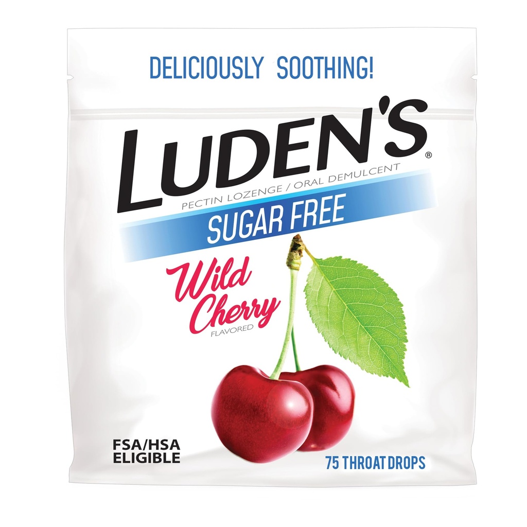 Ludens Sore Throat Relief Lozenges for mindre daglige irritasjon & tørr munn, sukkerfri Wild Cherry Flavored Drops, 75 greve