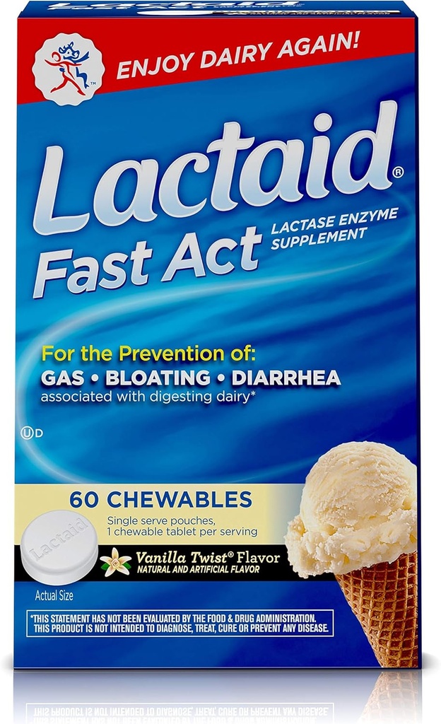 Lactaid Fast Act Laktose Intolerance Chewables med Lactase Enzymes, Vanilla Twist, 60 Pks av 1-ct.