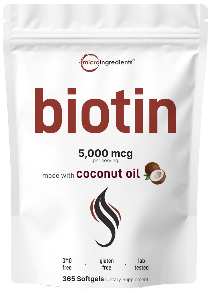 Micro Ingredienser Biotin 5.000mcg | 365 Jomfru Coconut olje mykgels, rask frigivelse, ett års forsyning | Støtter sunnt hår, hud, & negler | Ikke-GMO, Ingen Gluten