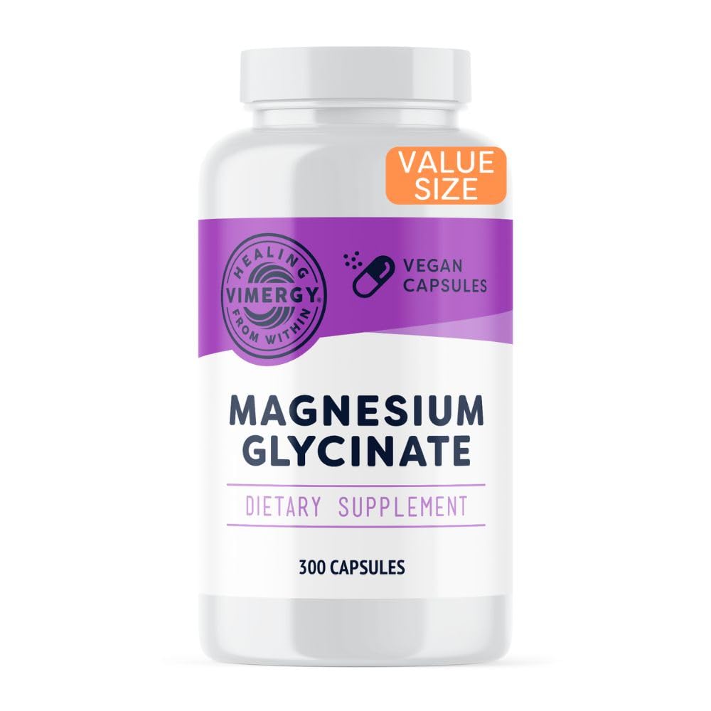 Vimergy Magnesium Glykinat – Stressstøtte – Chelated for å unngå Tummy Upset*– fremmer hjertehelse og energi*– Kosher, Vegan Glutenfri – 300 Caps