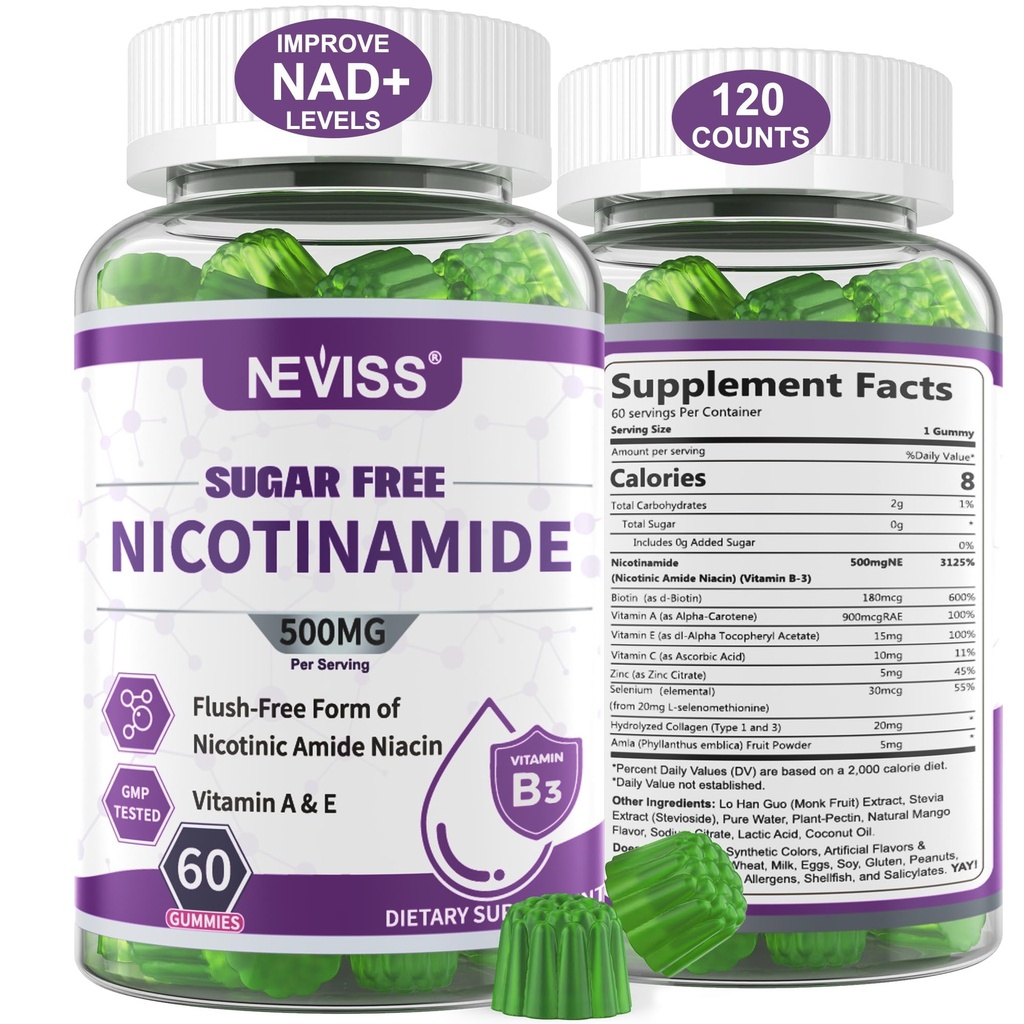 Sugar Free Nicotinamid 500mg Gummies, (Flush Free Niacin) Vitamin B3 Niacinamid Supplement for Cellular Energy Metabolism & Repair, Vitalitet, Sunn aldring, Cranberry Flavor, Lett å Chew, 120 Cts