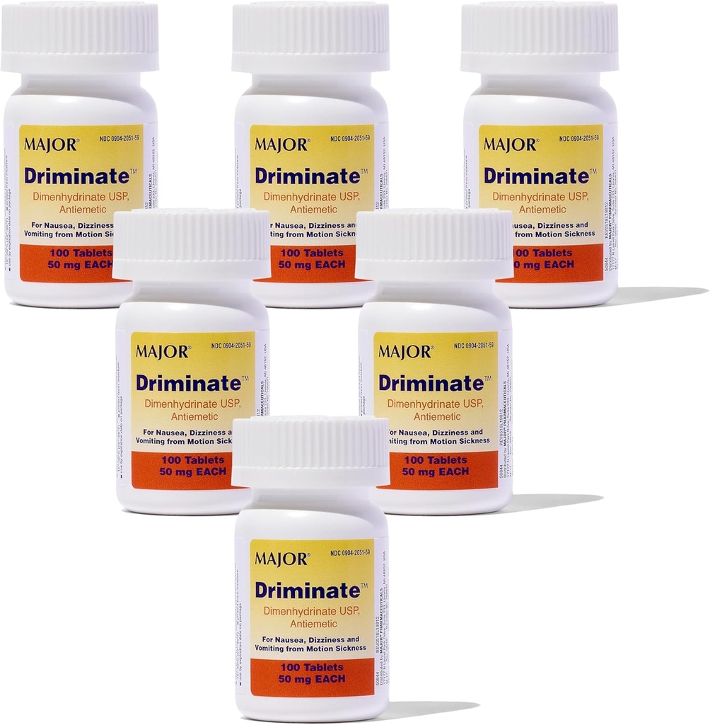 MAJOR Driminate - Dimenhydrinat 50 mg Motion Sykeskap tabletter - Anti-Nausea medisin - 100 tabletter (6 pakke)