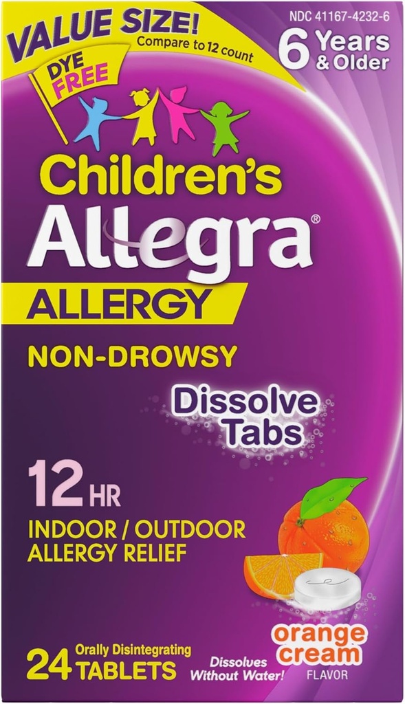 Allegra Barnas 12-timers allergi lindring oralt løsende tabletter, ikke-Drowsy innendørs og utendørs allergi medisin, 30 mg Fexofenadin HCI Antihistaminer for barn, Orange Cream Flavor, 24-count