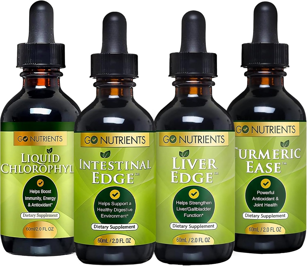 Go Nutrienter Digestion & Detox Bundle - Flytende klorofyll, Liver Edge, Intestinal Edge, Turmeric Ease - støtter rengjøring, Digestion, Liver Helse og Kroppsforsvar, Revitalize Hud & Vitality