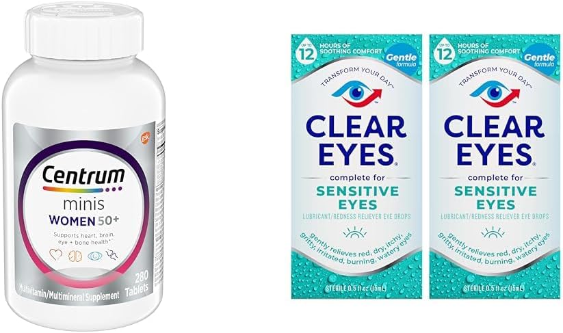 Centrum Minis sølv kvinners multivitamin for kvinner 50 Plus, multimineral Supplement med vitamin D3, B vitaminer, ikke-GMO ingredienser, støtter minne og kognisjon hos eldre voksne - 280 Ct & klare øyne, sensitive øyne, øyedråper, 0,5 Oz, 2 pakke