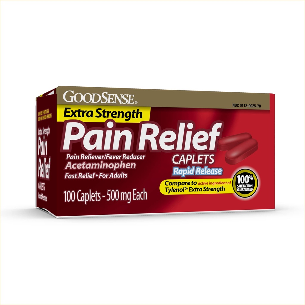GoodSense Rapid Release smertelindring, Acetaminophen Caplets 500 mg, ekstra styrke smertestillende og feberreduser, 100 greve