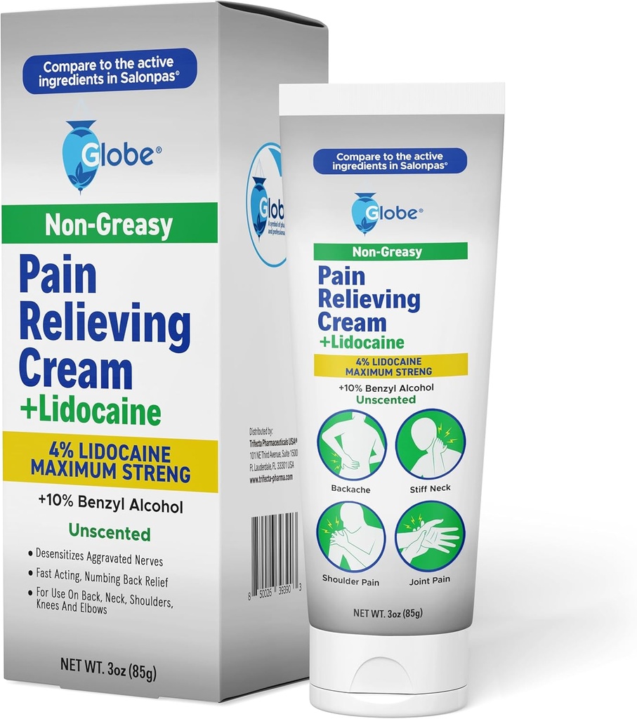 Globe smerte lindring krem Plus 4% Lidocain, maksimal styrke Numbing Relief, rask fungerende emneterapi for muskelsmerter, leddsmerter, ryggsmerter, nakkesmerter, sorg, sprainer og spasmer, uscented, 3oz