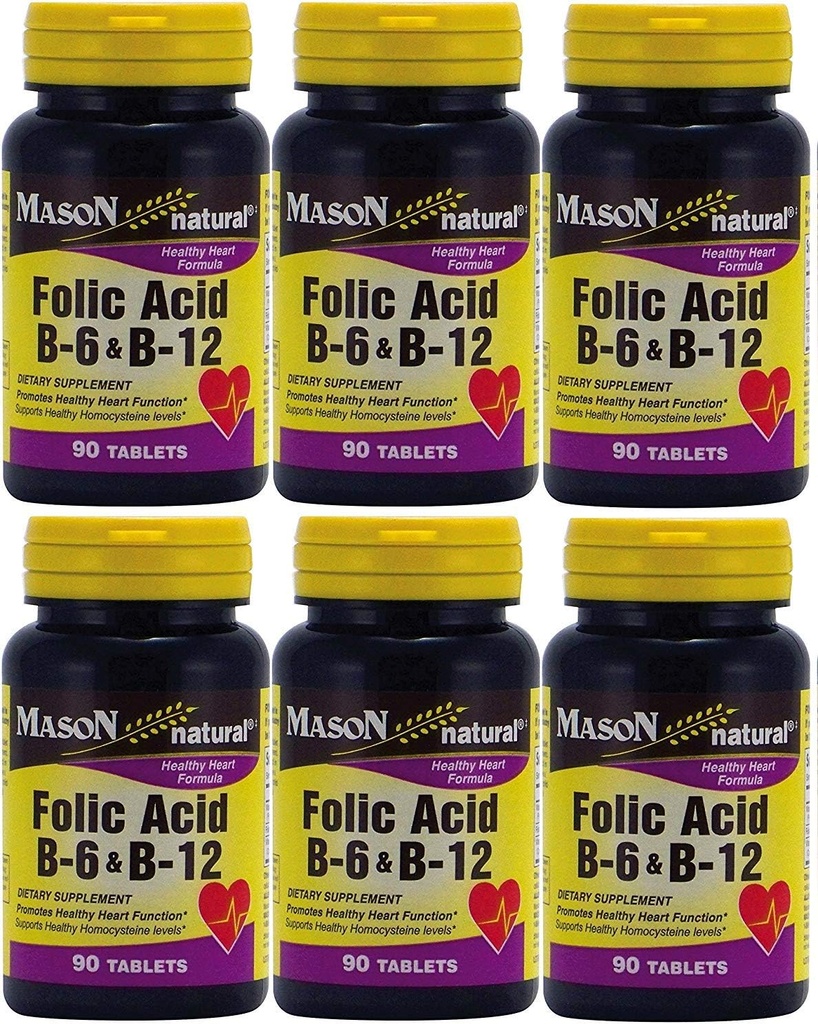 Mason vitaminer Folic Acid B-6 & B12 hjerte helse formel 90 tabletter per flaske pakke med 6 Totalt 540 tabletter