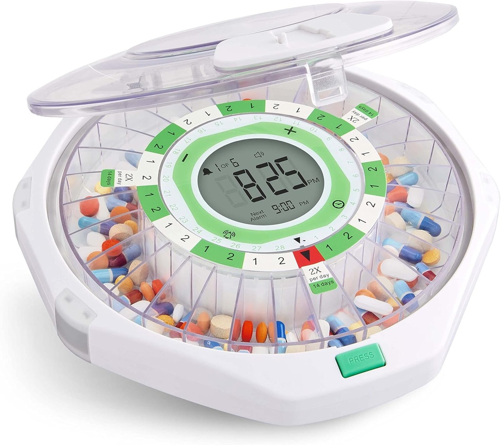 Live Fine 28-dagers automatisk pilledispenser Frosted Lid med oppgradert LCD-skjerm og nøkkellås, lyd og lys for resepter, medisinering, vitaminer, kosttilskudd og mer