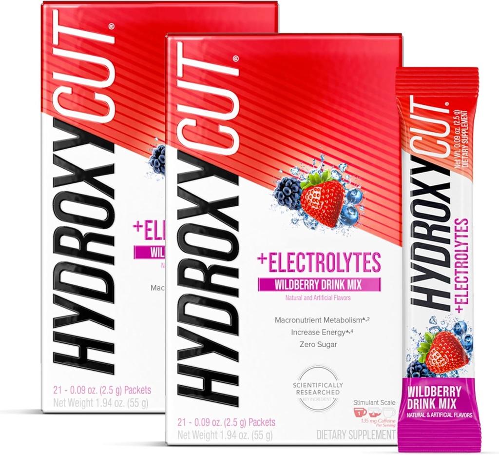 Hydroxycut Drink Mix, Wildberry Blast - 21 Travel-Size Packets, Pakke med 2 - Nullkalorier, Zero Sukker - Boost Metabolism, Brenn kalorier, Øk energi - for kvinner og menn