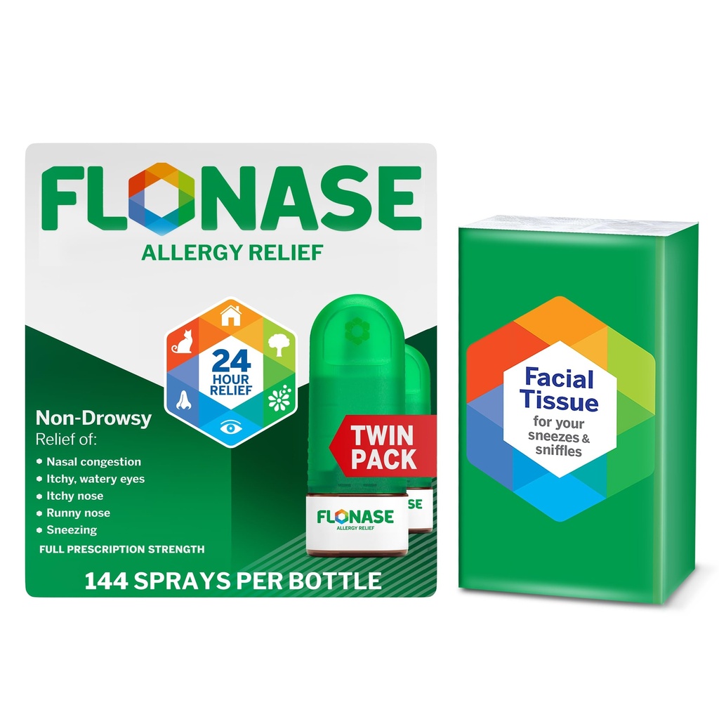 Flonase Allergy Relief Nasal Spray, 24-timers ikke-Drowsy Multi-Symptom Relief - 144 Sprays (pakke med 2) pluss bonuspakke med vev