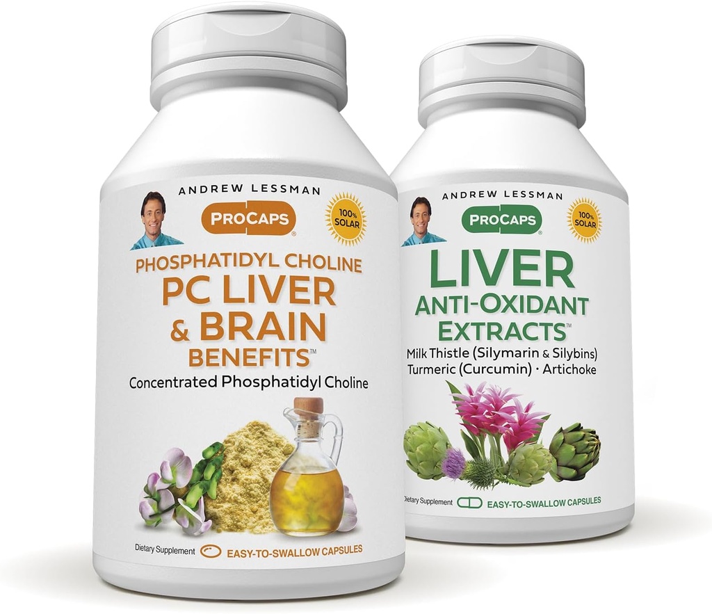 ANDREW LESSMAN PC Lever og hjerne fordeler + Liver Anti-Oksydant ekstrakter Kit: 300 kapsler (180 + 120) - Fosfatidylkolin, Melke Thistle, Artichoke, Curcumin.