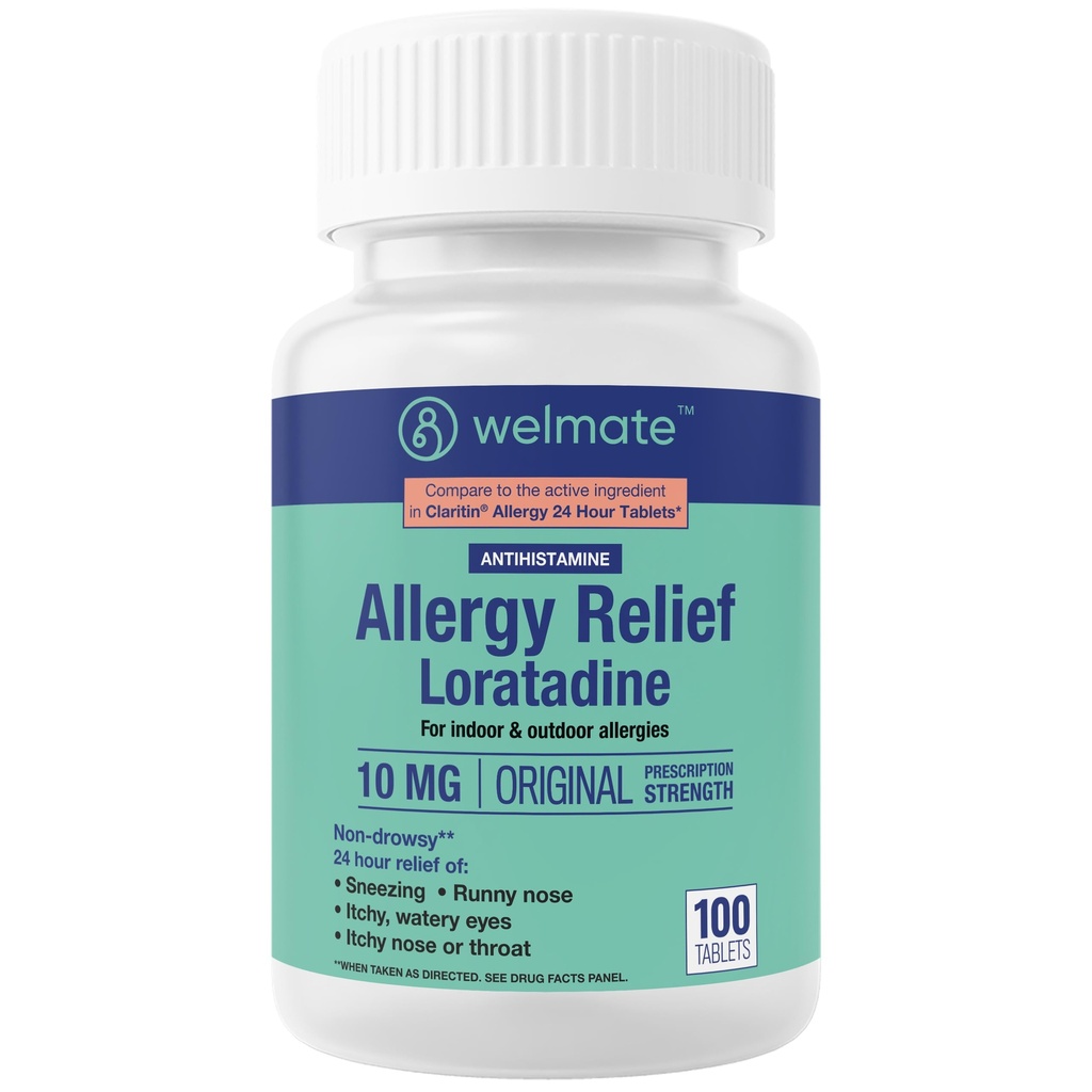 WELMATE - Allergy Relief - Loratadin 10 mg - 24 timers relief Antihistaminer - Ikke Drowsy - Runny Nese - Sneezing - kløende Nese & Throat - Vannige øyne - Innendørs & Utendørs Allergi Medisinering - 100 greve