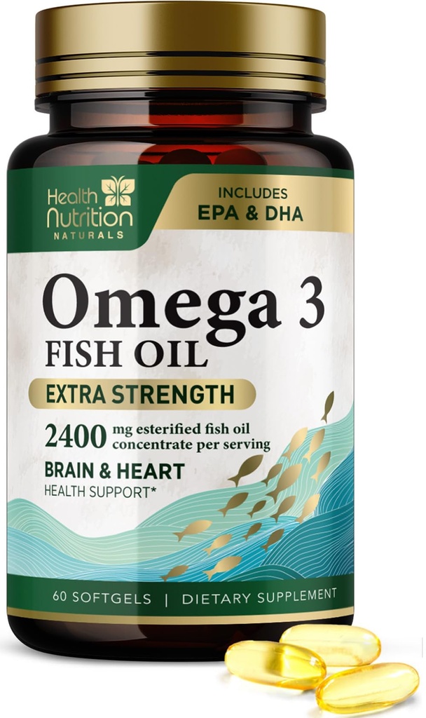 Omega 3 Fish Oil 2400 mg - Triple Styrke Omega-3 Kosttilskudd - Naturlig hjerne hjerte Helse og immun støtte - Fatty Aciders med EPA & DHA - Wild Fanget renset fiskeolje Supplement - 60 Softgels