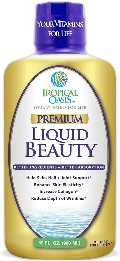 Tropical Oasis - flytende skjønnhet | Supplement for hår, hud, og neglevekst - Biotin + Hydrolysert kollagen (32 Serveringer)