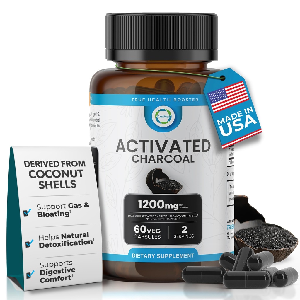 Aktiverte Charcoal Capsules 1200 MG, 60 Veg Caps, 30-dagers Premium Detox & Digestive Support, Gas & Bloating Relief, Organic Coconut Shell Charcoal, Gut Health, USA laget.
