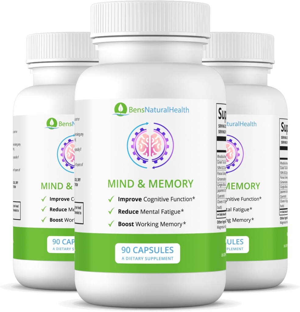 Bens naturlige helse Mind & Memory Supplement, Nootropic Brain Support med Rhodiola, Grønn te, Cloves & Quercetin, 90 kapsler, 3 pakke