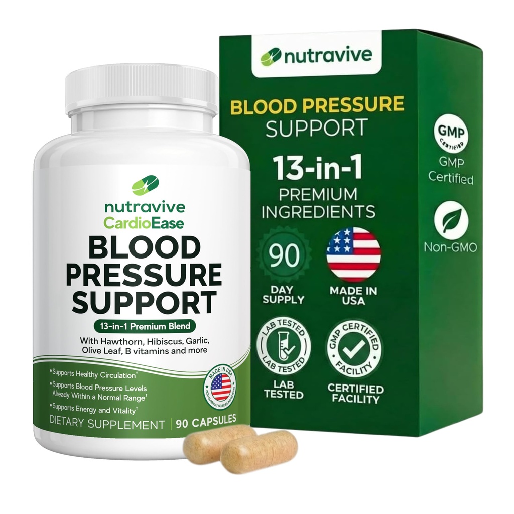 Nødvendig blodtrykksstøtte Supplement Naturlig hjerte og sirkulasjonsstøtte med hawthorn, hvitløk, Olive Leaf, Hibiscus & B12 – USA laget, GMP Facility - 90 kapsler